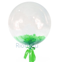 Шар-пузырь прозрачный, с зелеными перьями, 60 см