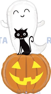 Фигурный шар Хэллоуинская тыква с привидением и кошкой, 152 см