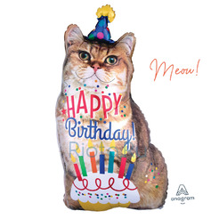 Фигурный шар Котик с тортиком и надписью: Happy birthday, 84 см
