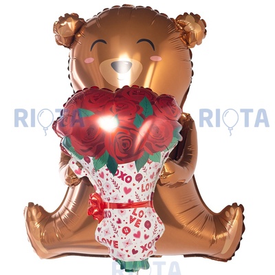 Фигурный шар Мишка с букетом красных роз, 64 см