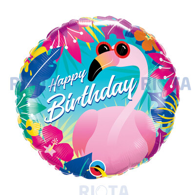 Шар-круг Фламинго с цветами, Happy birthday, 46 см