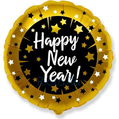 Шар-круг Happy New Year на Новый год, черно-золотой, 46 см