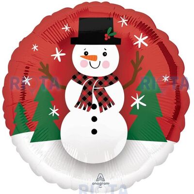 Шар-круг Снеговик в черной шляпке, красный, 46 см