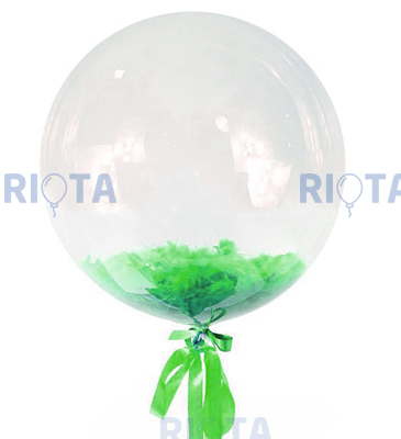 Шар-пузырь прозрачный, с зелеными перьями, 60 см