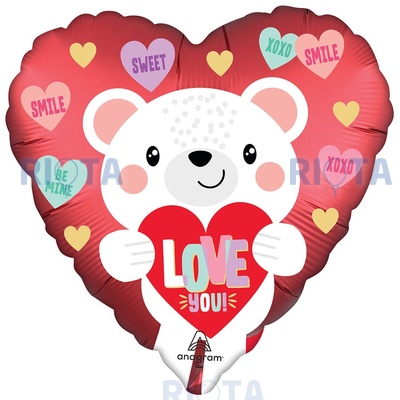 Шар-сердце Белый мишка с валентинкой, love, 46 см