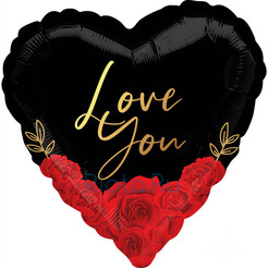 Шар-сердце Элегантная любовь с розами, черно-красный, 46 см